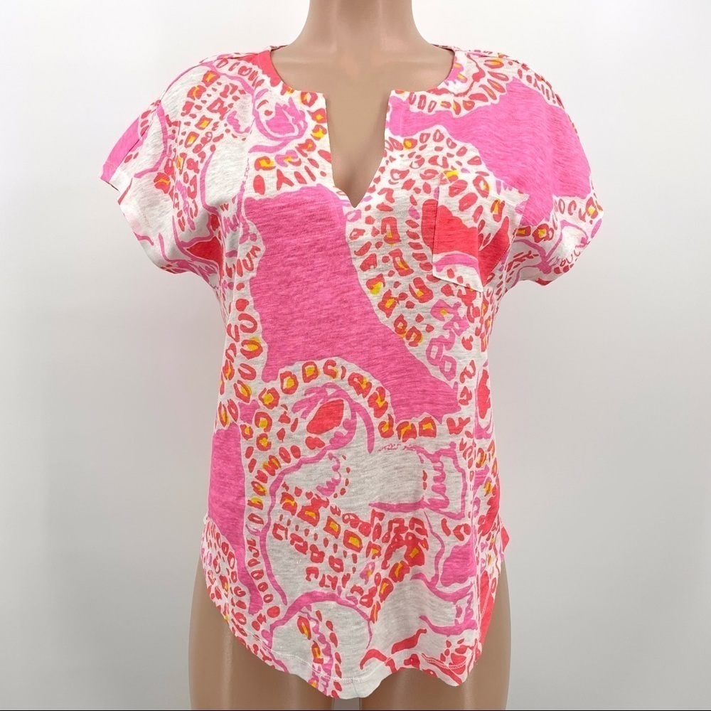 Lilly Pulitzer Duval Pink Tropical Print 100% Linen V-Neck Tee Size XS